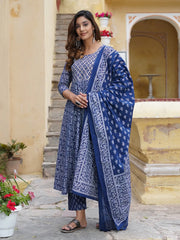Jaitpuriya Women Blue Floral Anarkali Kurta Pant and Dupatta Set