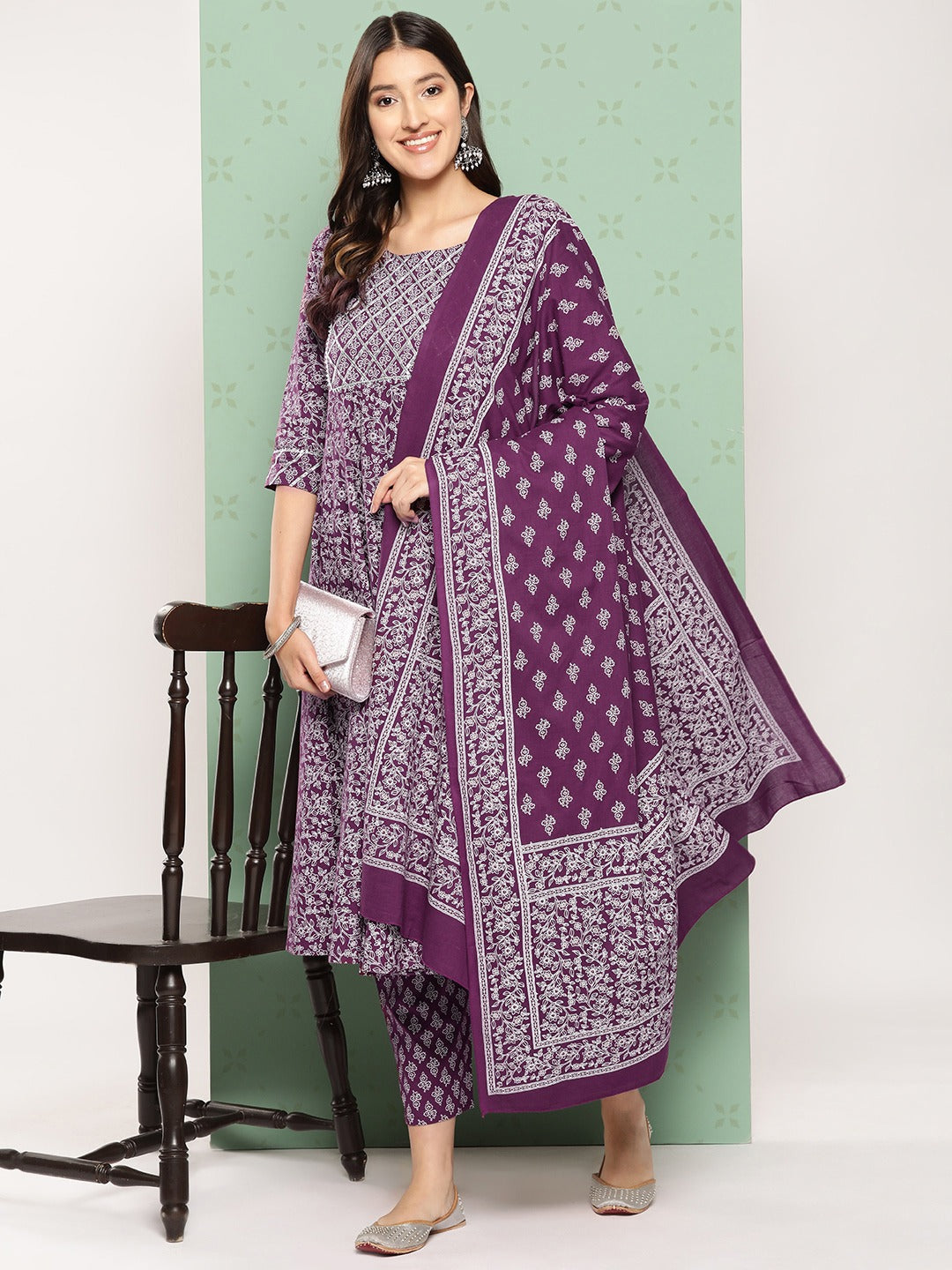 Jaitpuriya Women Purple Floral Anarkali Kurta Pant and Dupatta Set