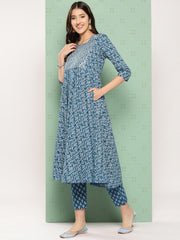 Jaitpuriya Women Teal Floral Anarkali Kurta Pant and Dupatta Set