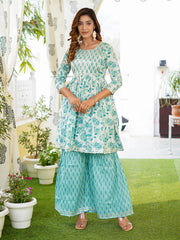 Turquoise blue leaf print Anarkali Kurta Pant and Dupatta Set