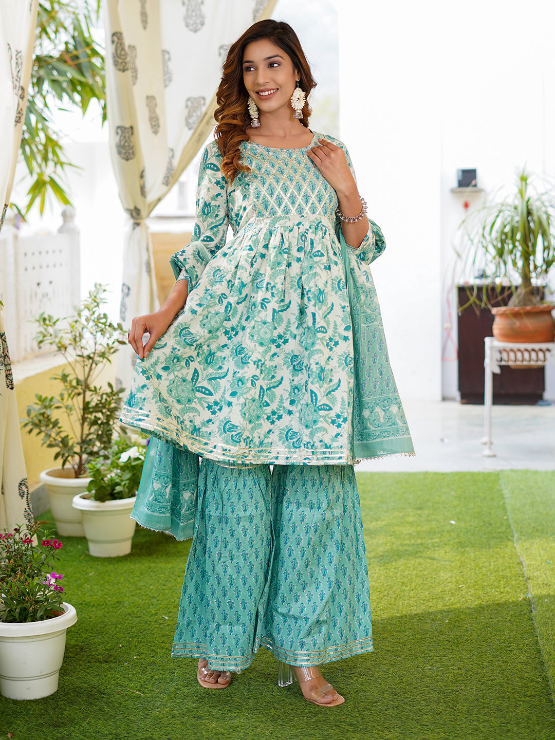 Turquoise blue leaf print Anarkali Kurta Pant and Dupatta Set