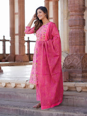 Pink Printed Kurta with Trousers & dupatta