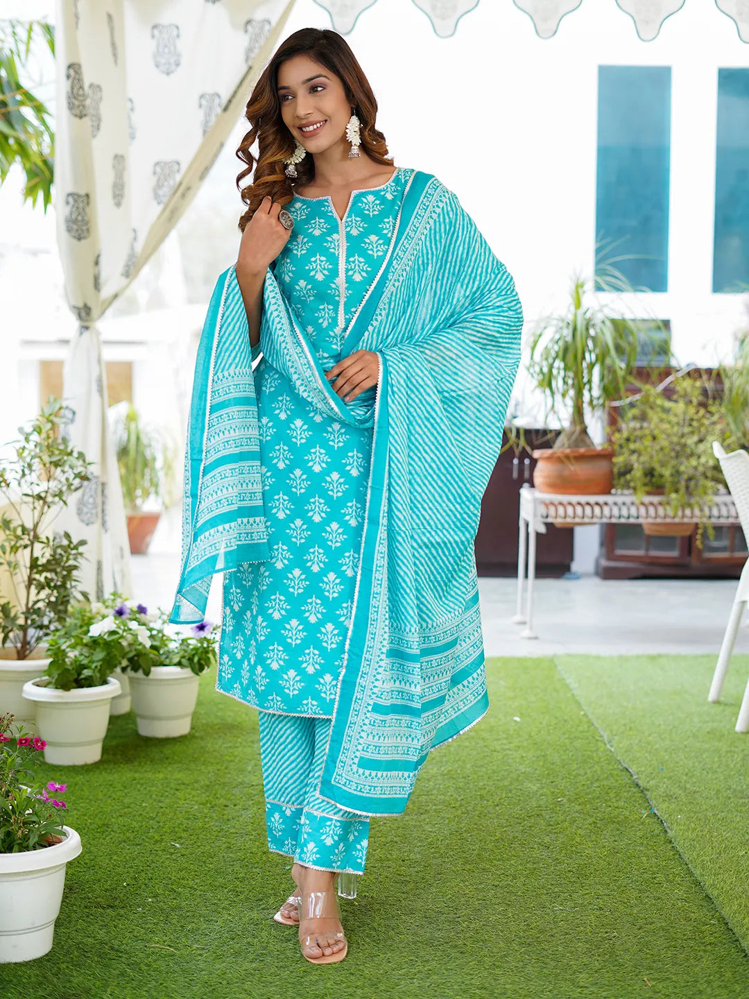 Jaitpuriya Women Turquoise Foli Print Straight Kurta Pant and Dupatta Set