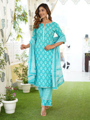 Jaitpuriya Women Turquoise Foli Print Straight Kurta Pant and Dupatta Set