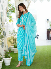 Jaitpuriya Women Turquoise Foli Print Straight Kurta Pant and Dupatta Set