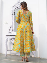 Jaitpuriya Women Mustard Foli Print Anarkali Kurta Pant and Dupatta Set