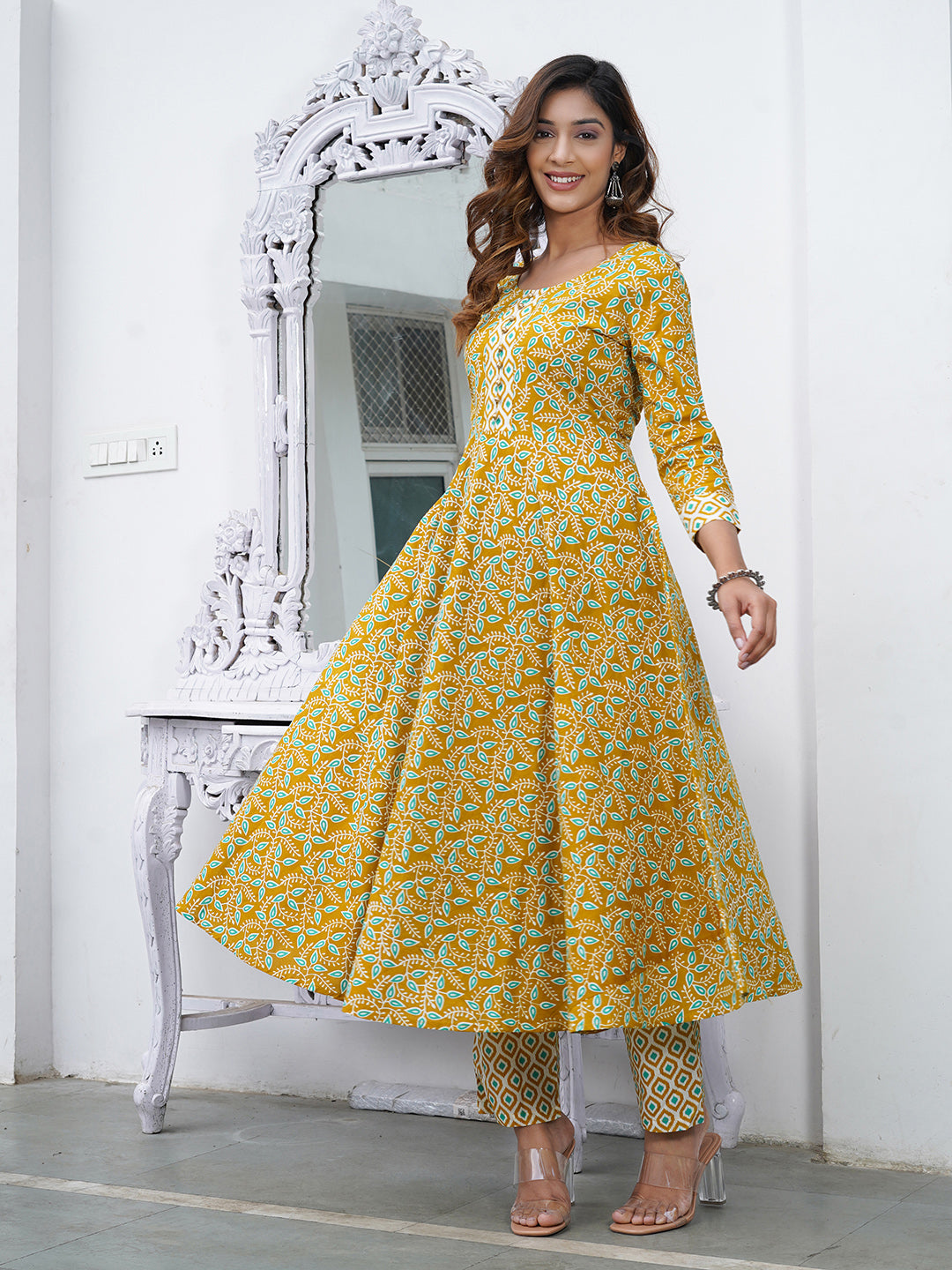 Jaitpuriya Women Mustard Foli Print Anarkali Kurta Pant and Dupatta Set