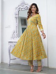 Jaitpuriya Women Mustard Foli Print Anarkali Kurta Pant and Dupatta Set