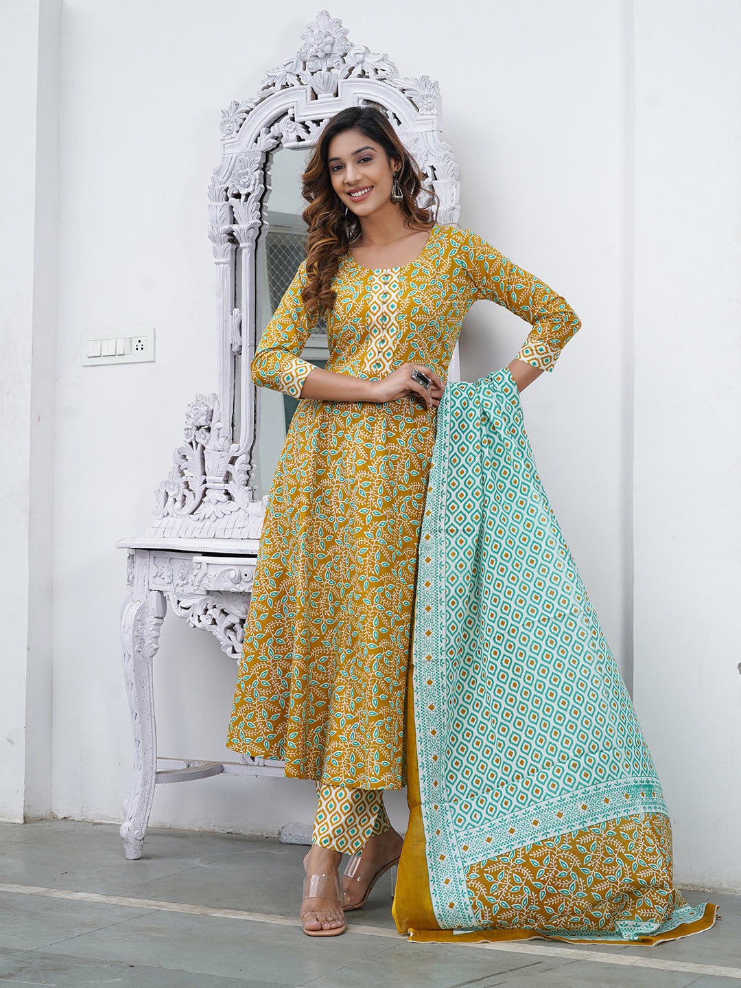 Jaitpuriya Women Mustard Foli Print Anarkali Kurta Pant and Dupatta Set