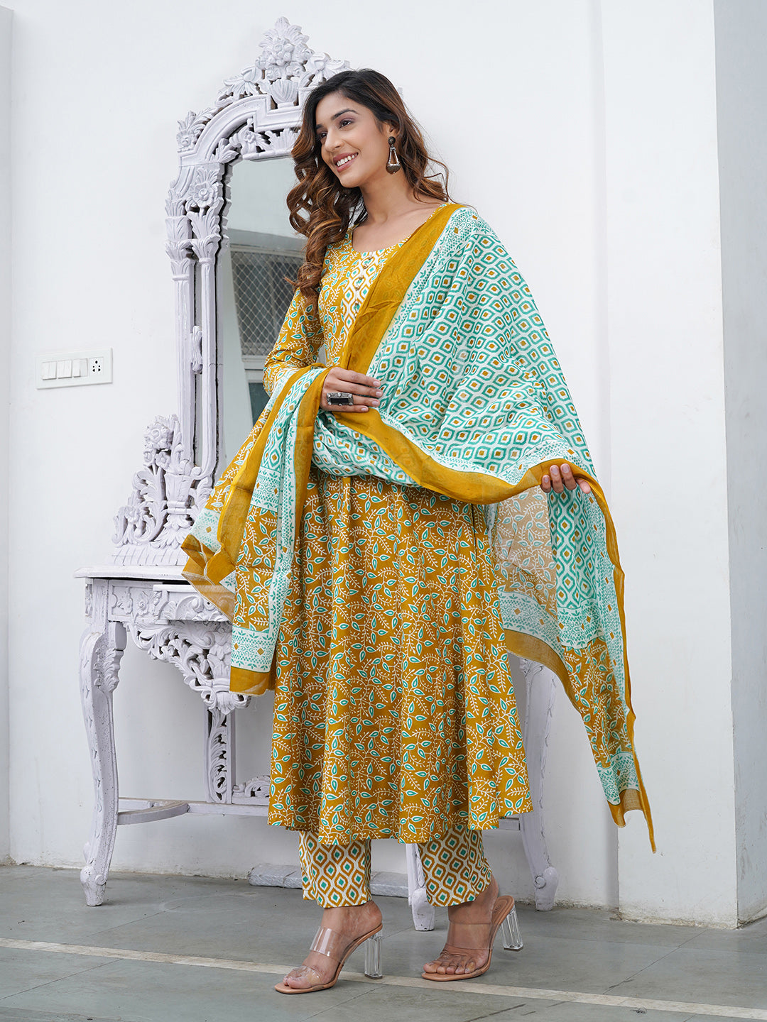 Jaitpuriya Women Mustard Foli Print Anarkali Kurta Pant and Dupatta Set