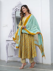 Jaitpuriya Women Mustard Foli Print Anarkali Kurta Pant and Dupatta Set