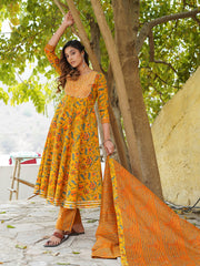 Jaitpuriya Floral Printed Gotta Patti Pure Cotton Kurta with Trousers & Dupatta