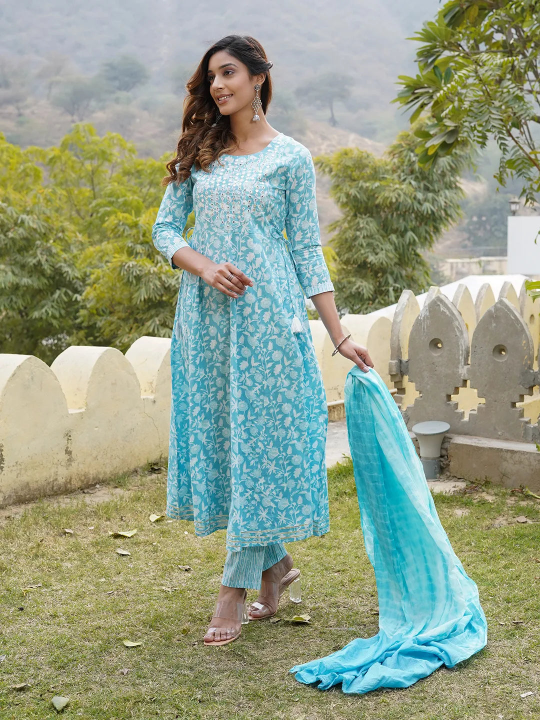 Jaitpuriya Women Blue Floral Anarkali Kurta Pant and Dupatta Set