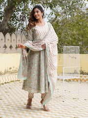 Jaitpuriya Women Teal Floral Anarkali Kurta Pant and Dupatta Set