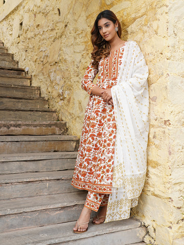 Jaitpuriya Women Off White Floral Print Anarkali Kurta Pant and Dupatta Set