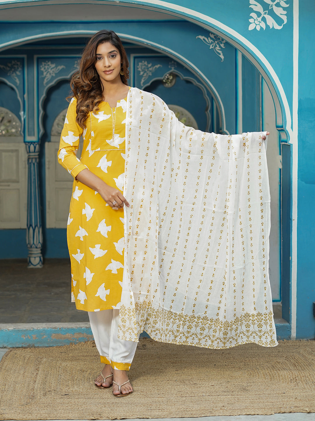 Jaitpuriya Women Yellow Bird Print Straight Kurta Pant and Dupatta Set
