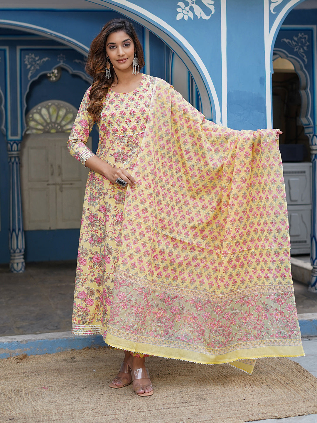 Jaitpuriya Women Mustard Floral A line Kurta Pant and Dupatta Set