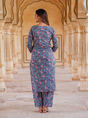 Jaitpuriya Women Blue Floral Straight Kurta Pant and Dupatta Set