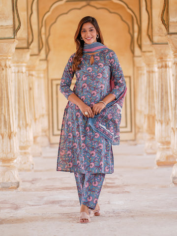 Jaitpuriya Women Blue Floral Straight Kurta Pant and Dupatta Set