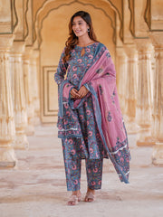 Jaitpuriya Women Blue Floral Straight Kurta Pant and Dupatta Set