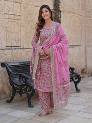Floral Print Regular Pure Cotton Kurta With Trousers & Dupatta set