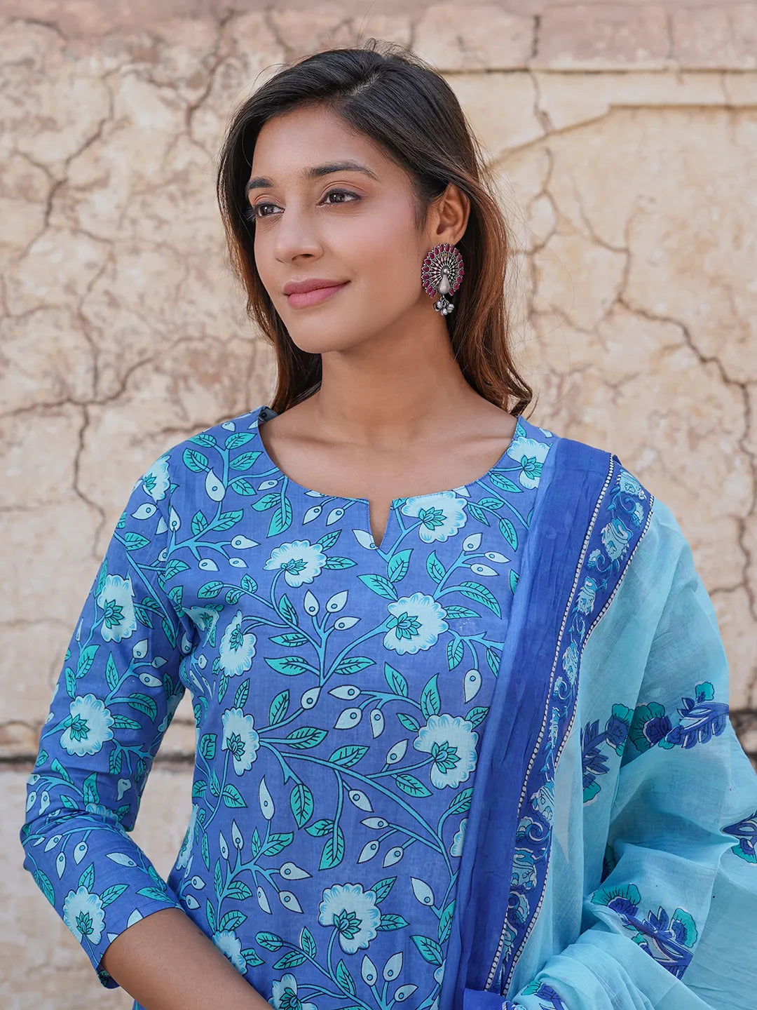 Blue Cotton Frock Kurti with Pant & Dupatta