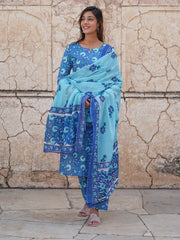 Blue Floral Printed Regular Pure Cotton Kurta with Trousers & Dupatta