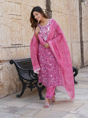 Jaitpuriya Women Pink Floral Straight Kurta Pant and Dupatta Set