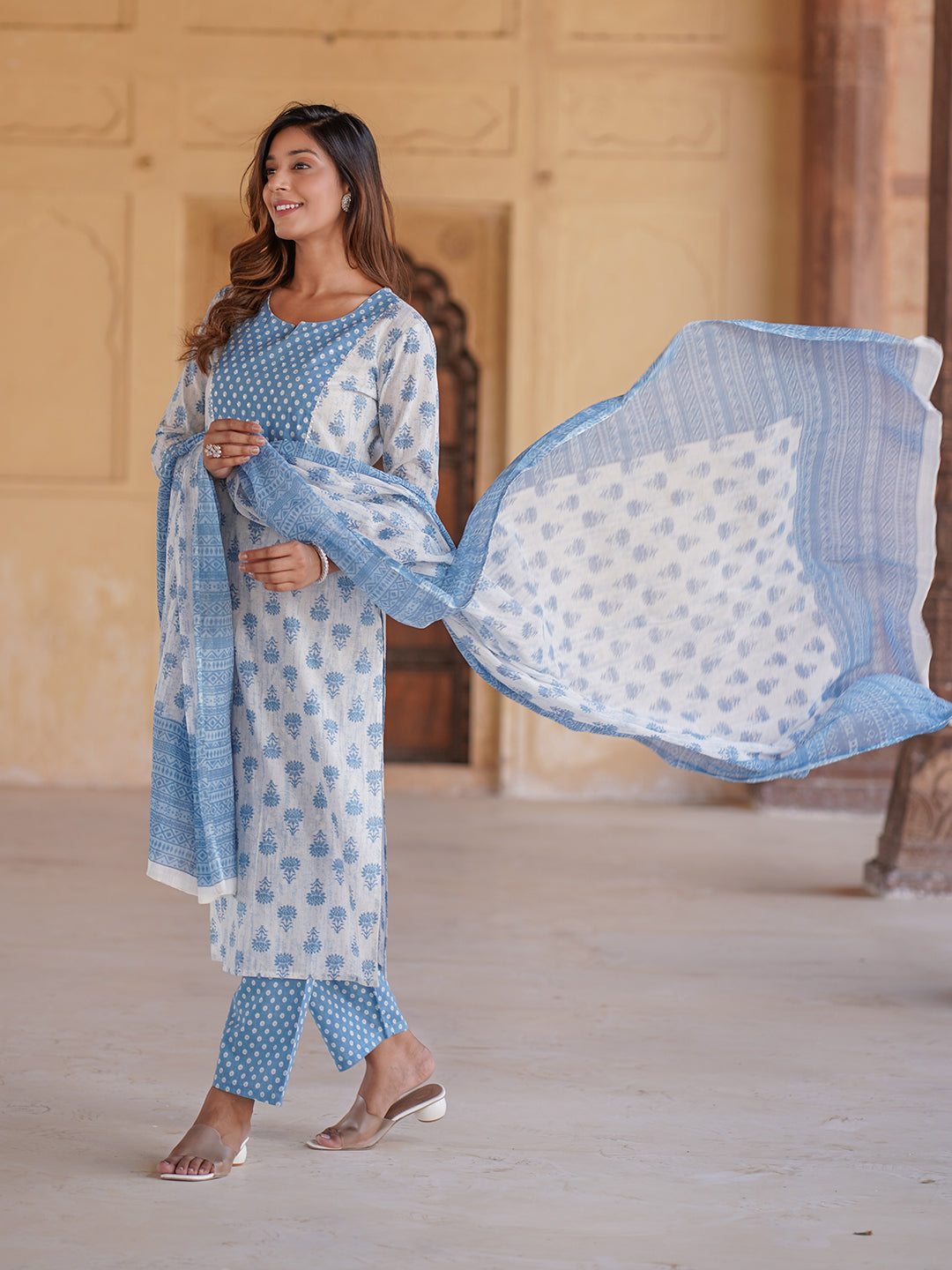 White And Blue Ethnic Motifs Printed Sequined Pure Cotton Kurta with Trousers & Dupatta