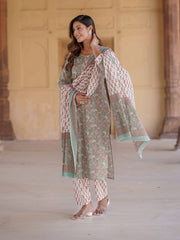 Jaitpuriya Women Green Floral Straight Kurta Pant and Dupatta Set