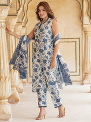 White & blue Floral Printed V-Neck Pure Cotton Straight Kurta & Trousers With Dupatta