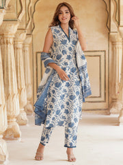 White & blue Floral Printed V-Neck Pure Cotton Straight Kurta & Trousers With Dupatta