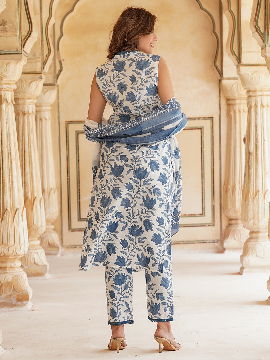 White & blue Floral Printed V-Neck Pure Cotton Straight Kurta & Trousers With Dupatta