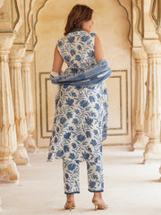 White & blue Floral Printed V-Neck Pure Cotton Straight Kurta & Trousers With Dupatta