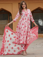 Jaitpuriya Women Red Floral Anarkali Kurta Pant and Dupatta Set