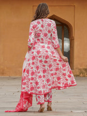 Jaitpuriya Women Red Floral Anarkali Kurta Pant and Dupatta Set