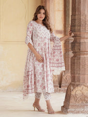 Jaitpuriya Women Rust Floral Anarkali Kurta Pant and Dupatta Set
