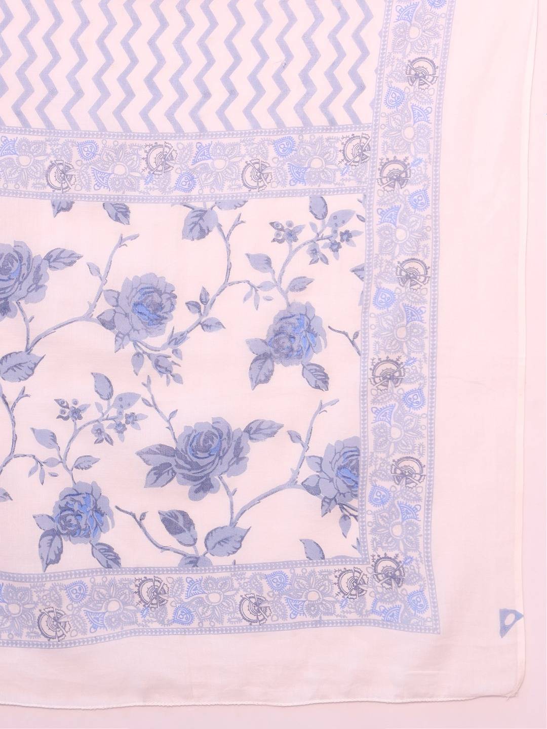 Blue Floral Printed Empire Pure Cotton Anarkali Kurta With Trousers & Dupatta Set