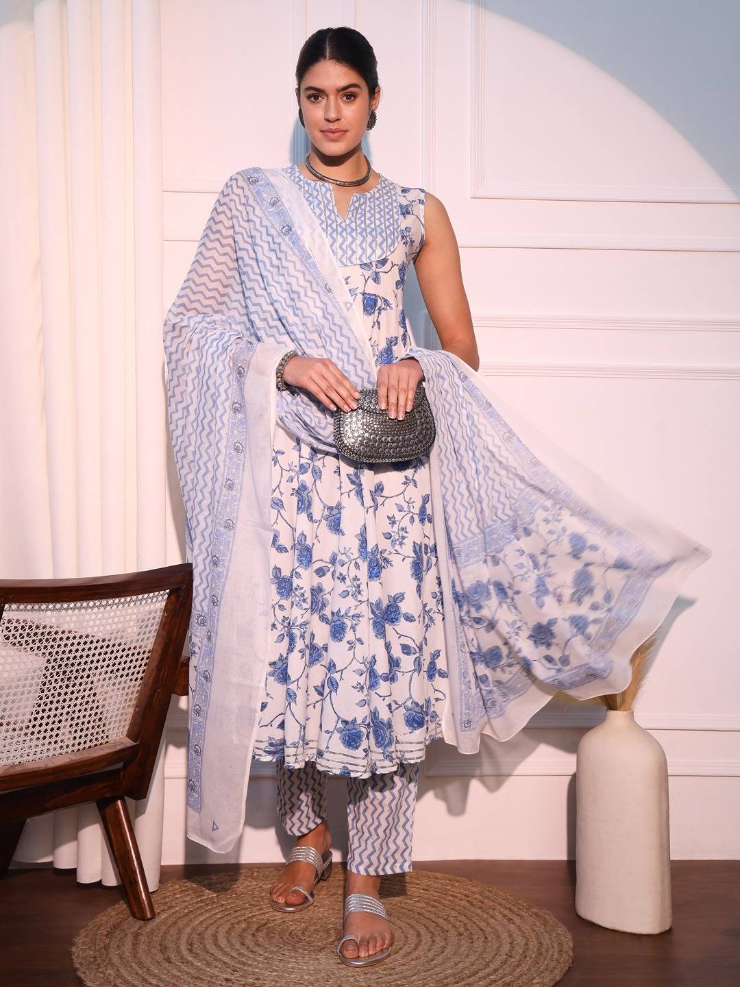 Blue Floral Printed Empire Pure Cotton Anarkali Kurta With Trousers & Dupatta Set