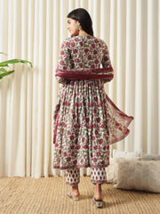 Red, white and green printed kurta with trousers with dupatta