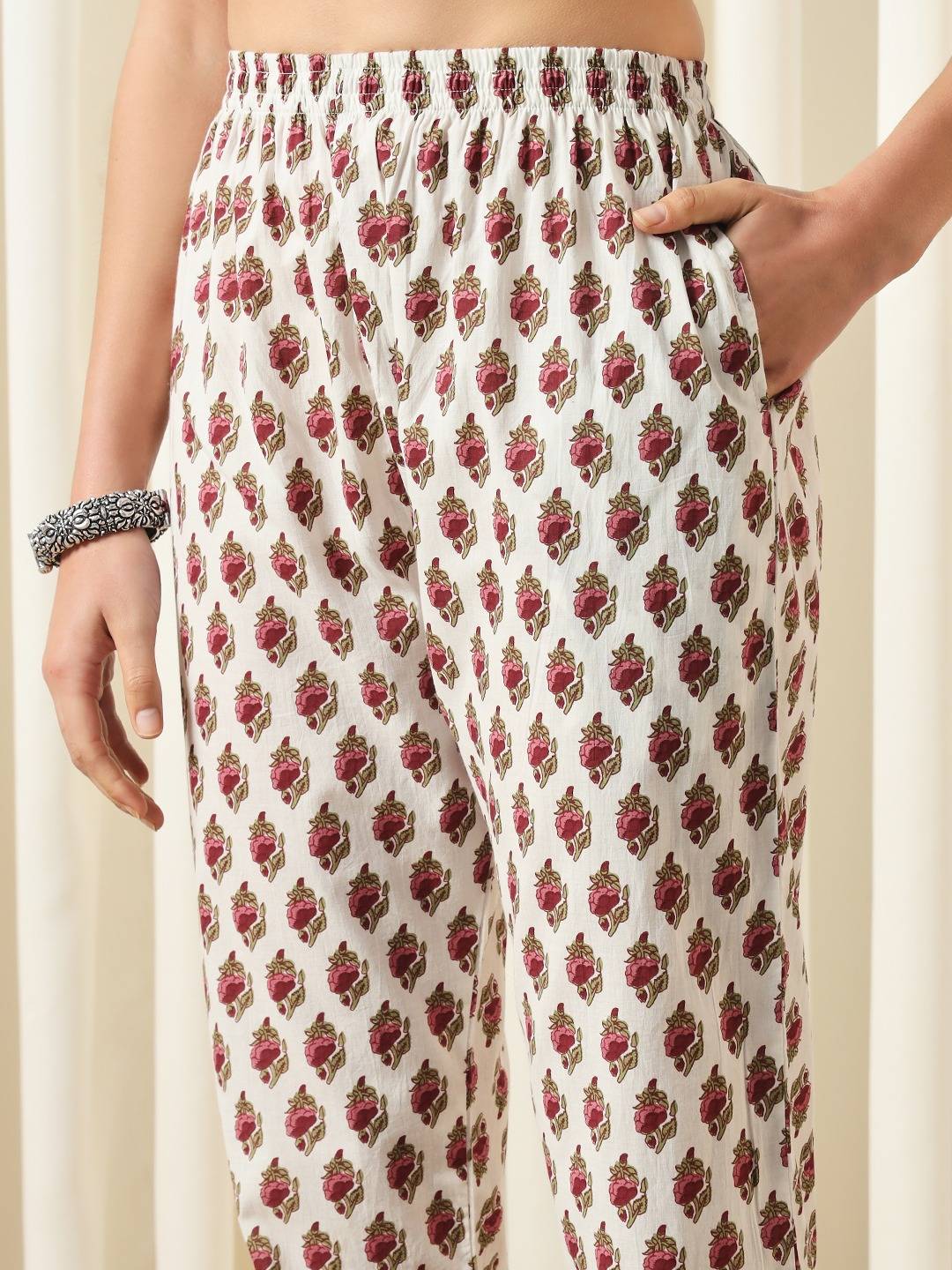 Red, white and green printed kurta with trousers with dupatta