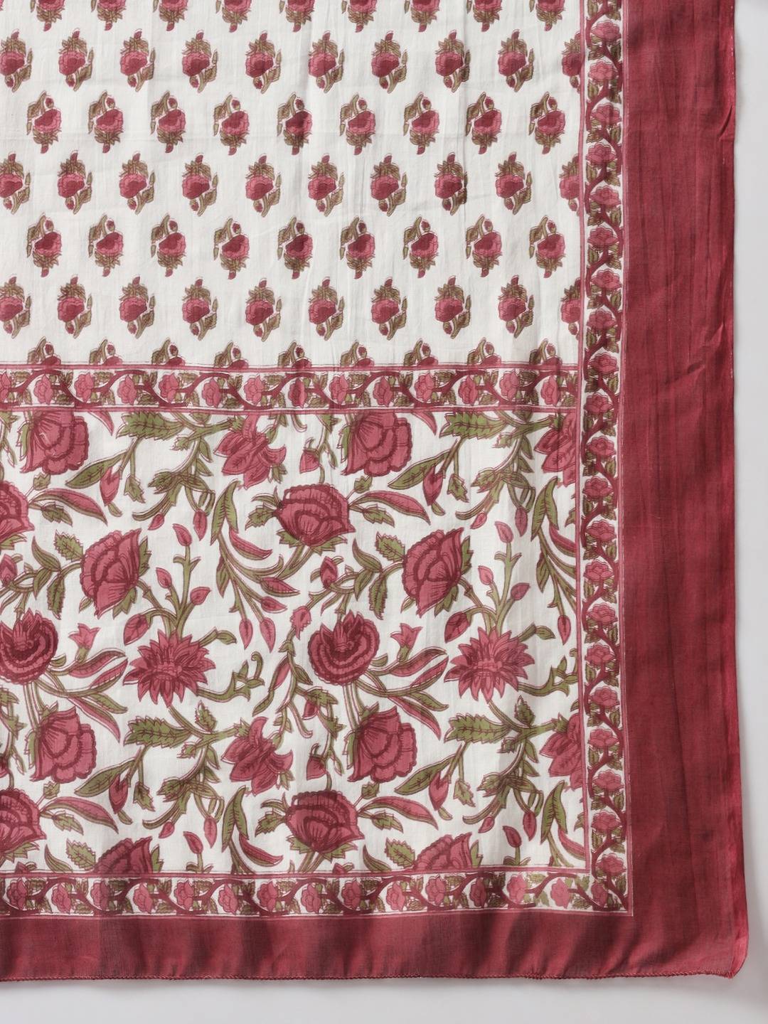 Red, white and green printed kurta with trousers with dupatta