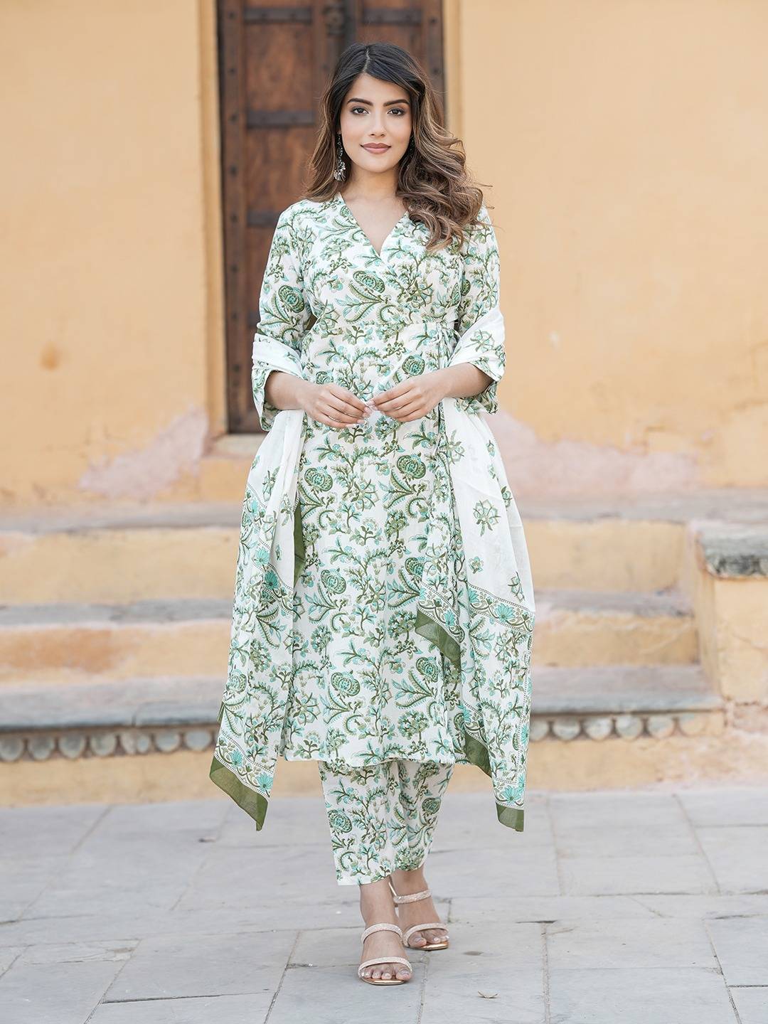Jaitpuriya Women Green And White Angrakha Kurta Pant Dupatta Set
