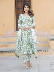 Jaitpuriya Women Green And White Angrakha Kurta Pant Dupatta Set
