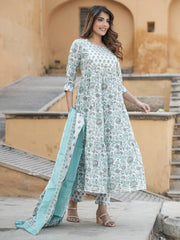 Jaitpuriya Women Grey And Turquoise Tiered Kurta Pant Dupatta Set