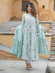 Jaitpuriya Women Grey And Turquoise Tiered Kurta Pant Dupatta Set