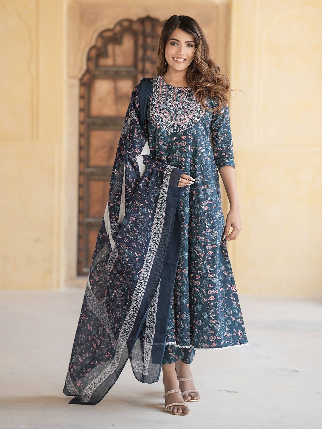 Jaitpuriya Women Blue Anarkali Kurta Pant Dupatta Set