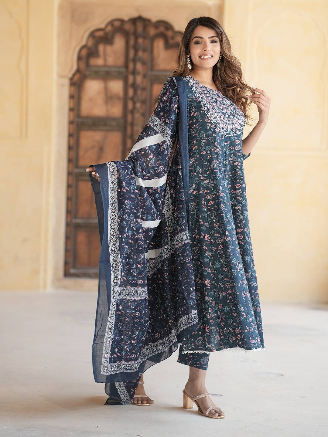 Jaitpuriya Women Blue Anarkali Kurta Pant Dupatta Set