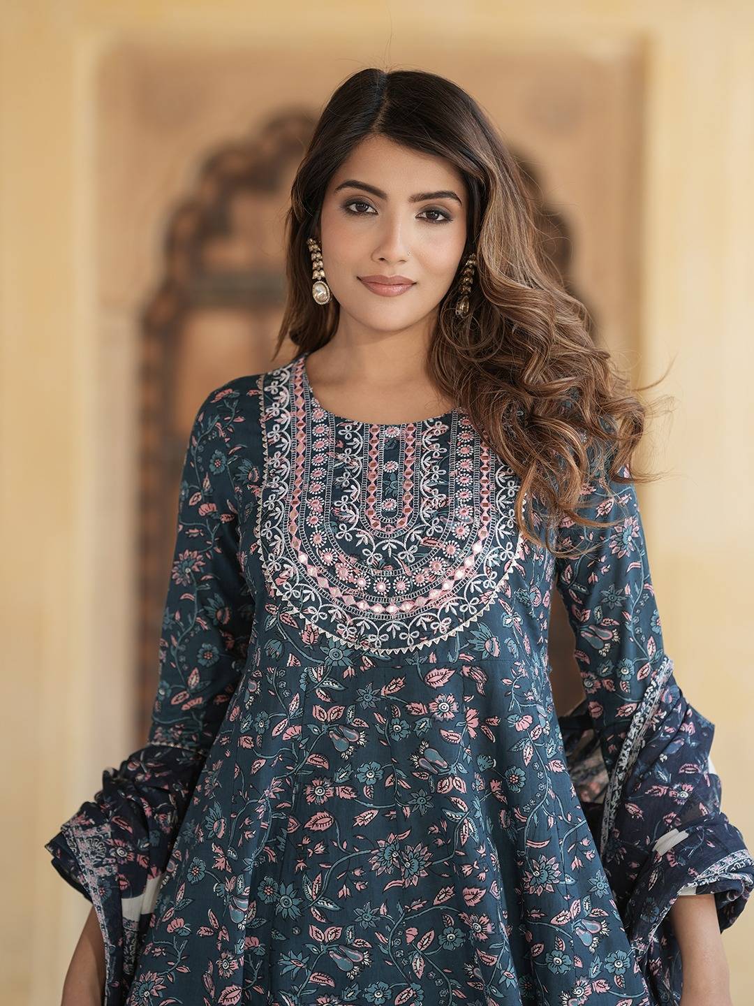 Jaitpuriya Women Blue Anarkali Kurta Pant Dupatta Set