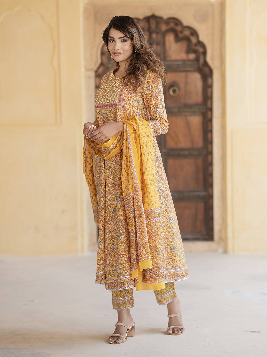 Jaitpuriya Women Mustard Yellow Anarkali Kurta Pant Dupatta Set